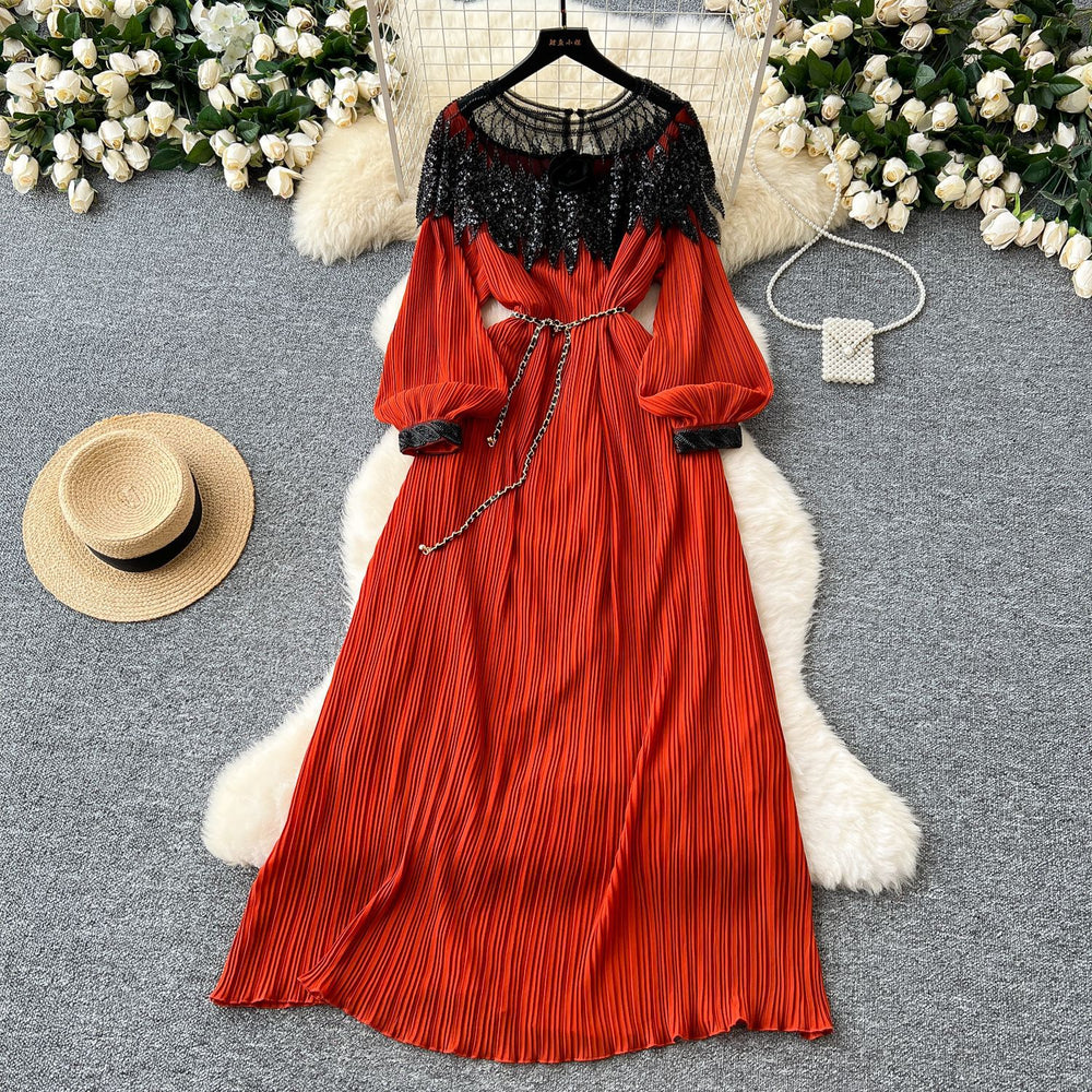 Autumn european and american retro court style heavy sequin embroidered long pleated puff sleeve dress women's pleated skirt