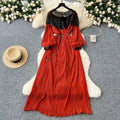 Autumn european and american retro court style heavy sequin embroidered long pleated puff sleeve dress women's pleated skirt