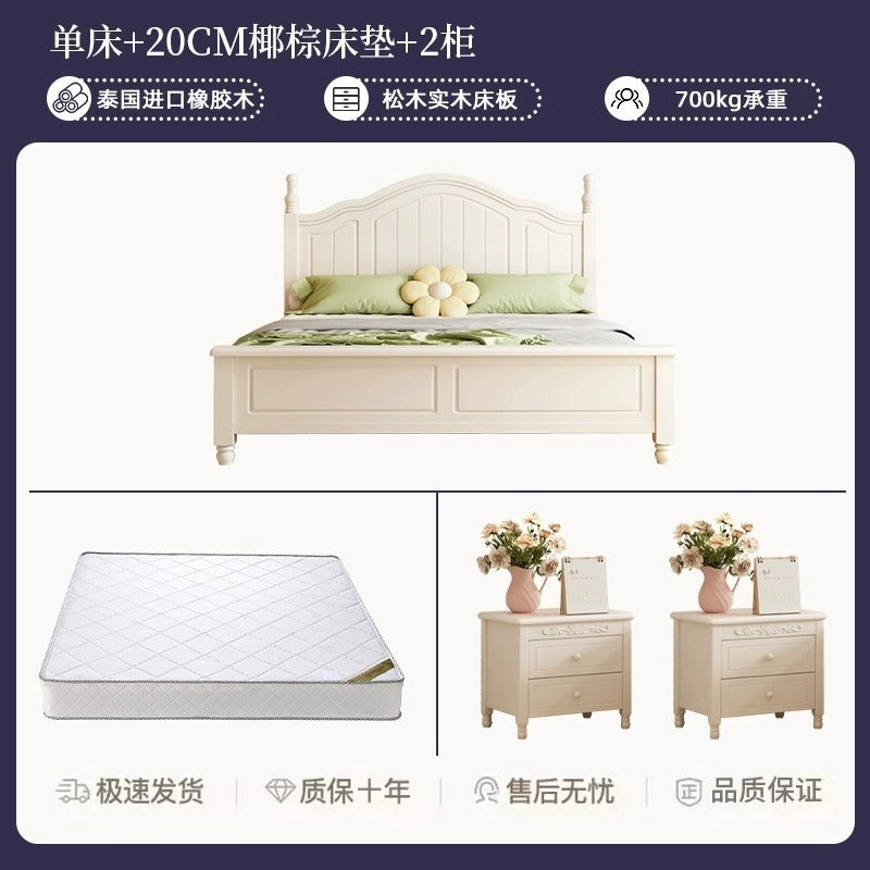 Scandinavianwhite solid wood bed modern casual cream style grids 1.8m double bed 1.5 master bedroom storage princess bed