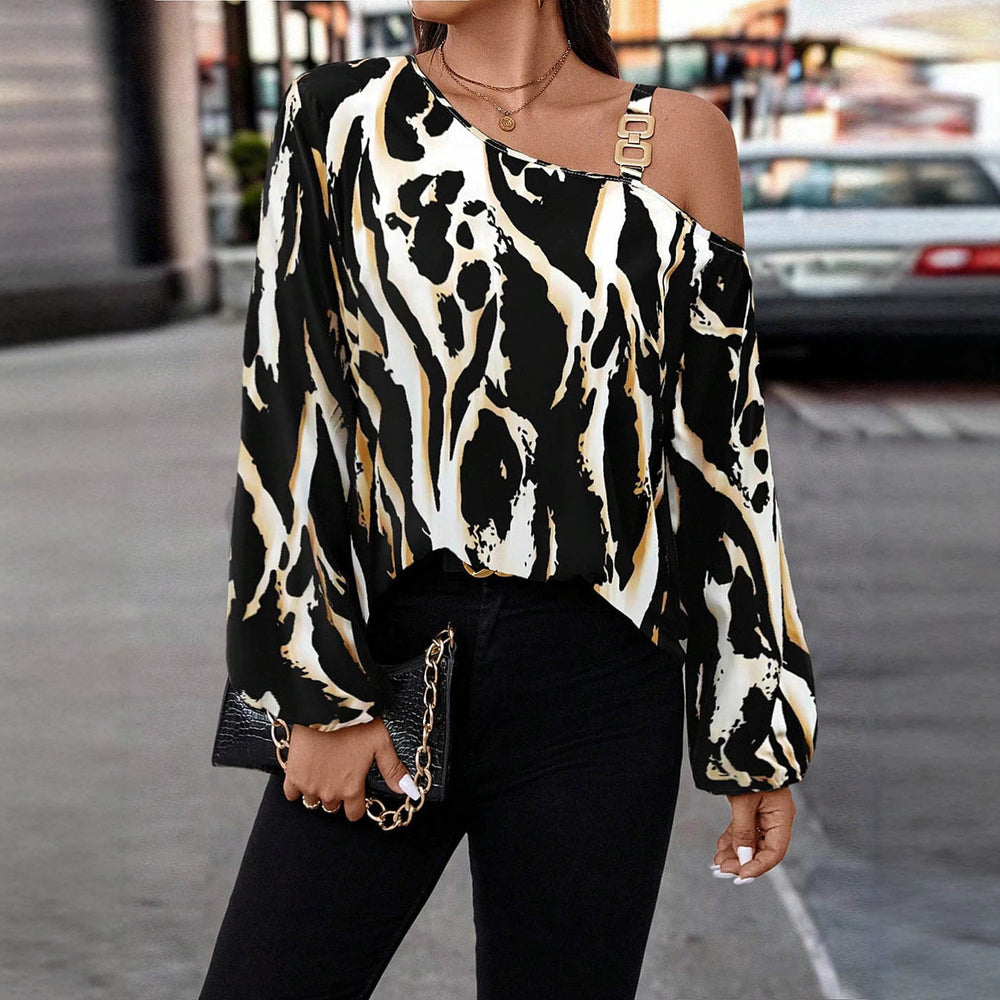 Exportfashion street style satinshirt asymmetrical off-shoulder metal square buckle suspender ink abstract printing long sleeves