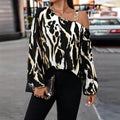 Exportfashion street style satinshirt asymmetrical off-shoulder metal square buckle suspender ink abstract printing long sleeves