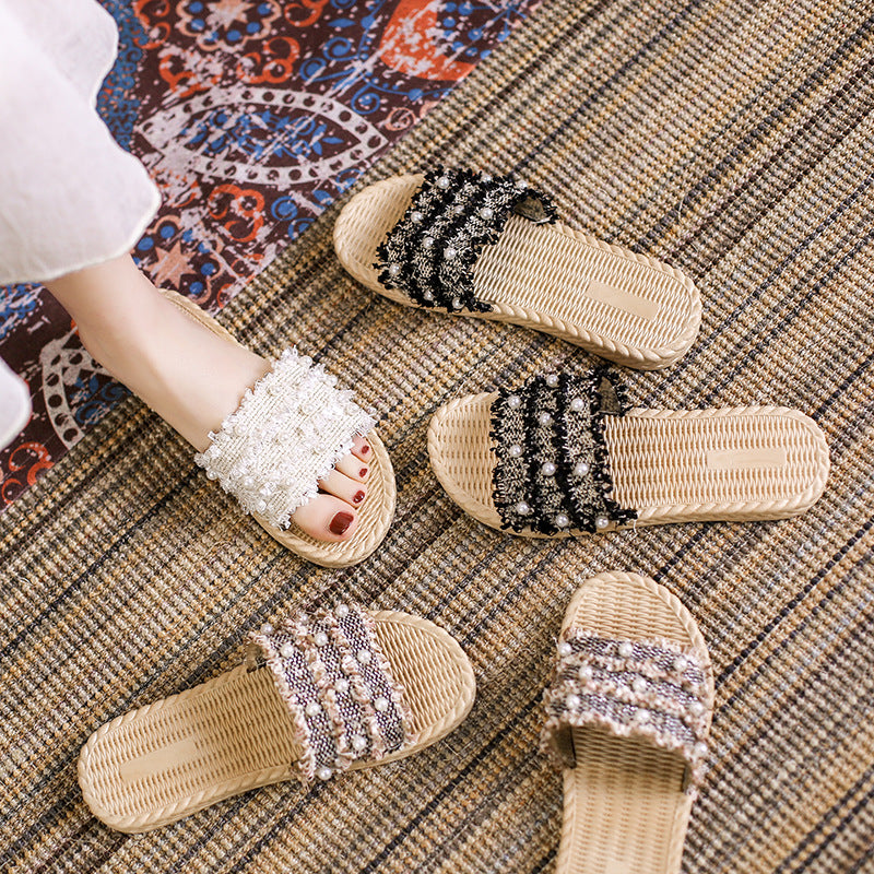 2024 summer new arrival: versatile pearl-embellished flat sandals - trendy, instagram-worthy beach slides for women