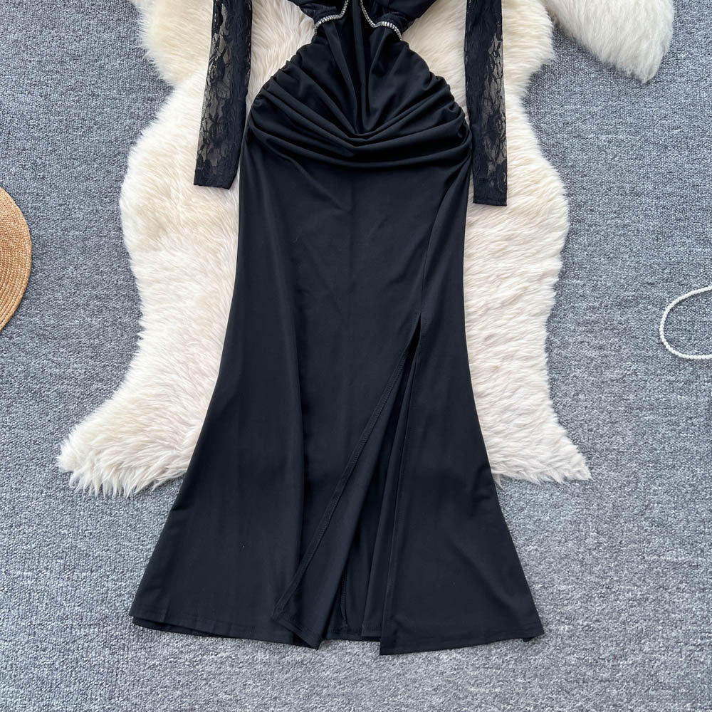 Elegant women's french-style high-end beaded v-neck lace long-sleeve patchwork waist-tie slit dress