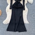 Elegant women's french-style high-end beaded v-neck lace long-sleeve patchwork waist-tie slit dress