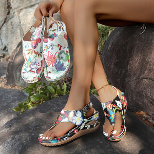 plus size women's herringbone sandals  new style ethnic style embroidered flower back strap wedge sandals for women wholesale