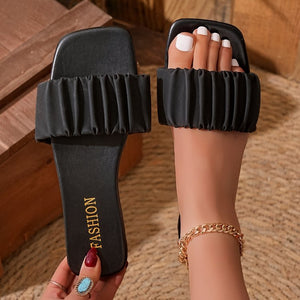 export women's summer new casual fashion flat sandals - plus size, one-strap, ruched, slip-on slides