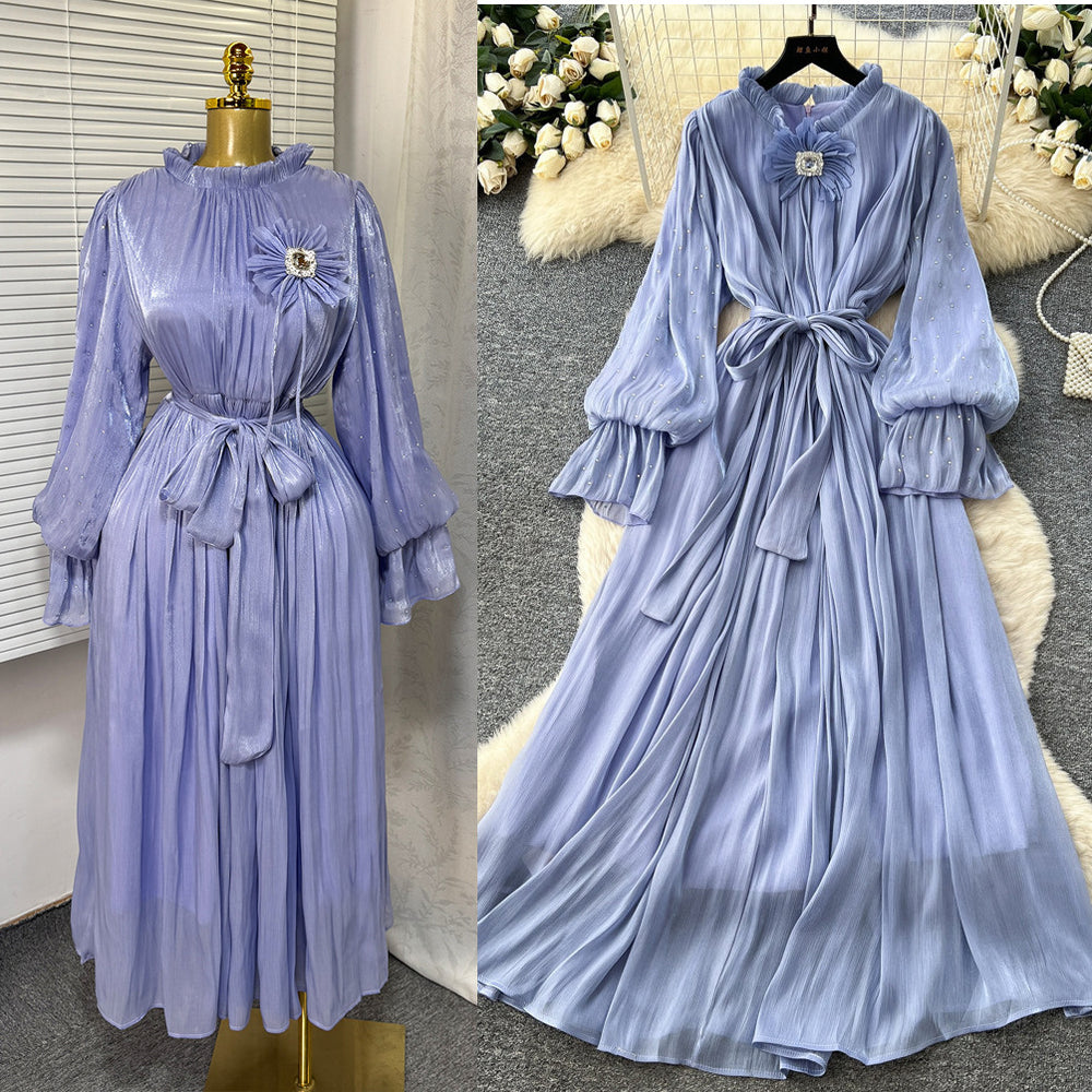 Lightly mature style diamond-encrusted elegance a-line dress women's long sleevestie back waist slimming lookelegant pleated long skirt work clothing