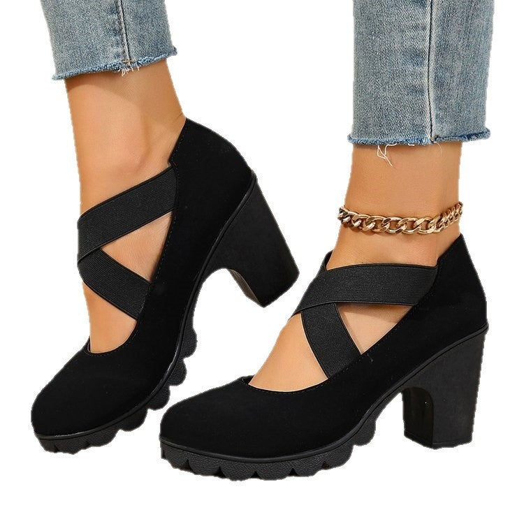 Export  new arrival women's retro mary jane shoes thick heel round toe high heel elastic band flatsplus size cross-border women's shoes