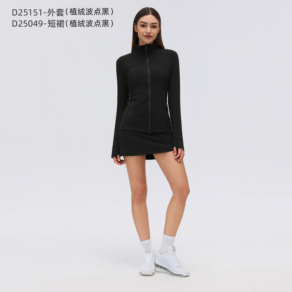 Big brand same style beautiful black polka dot yoga leggings women's stand collar jacket outwear silmslimming look sports suit