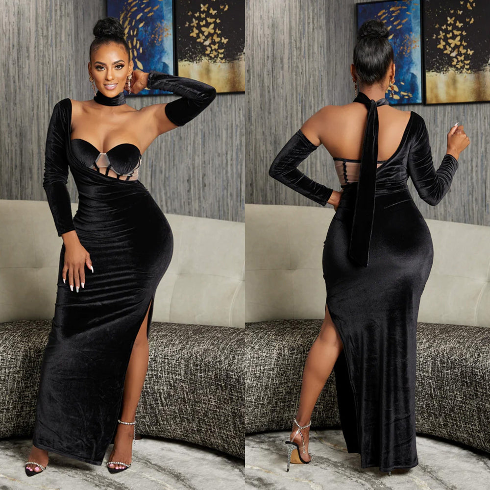 X6652 cross-border   fashion women's solid color bandeau gloves dress long gown dress