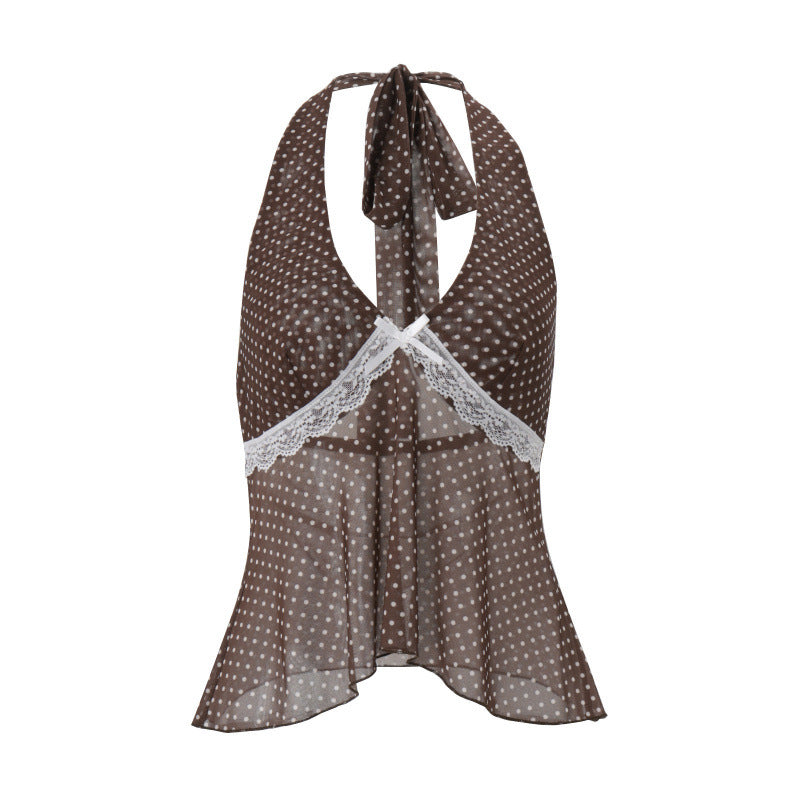 Amazon women's clothing  summer new fashion hot girl retro polka dot chiffon see-through halter top