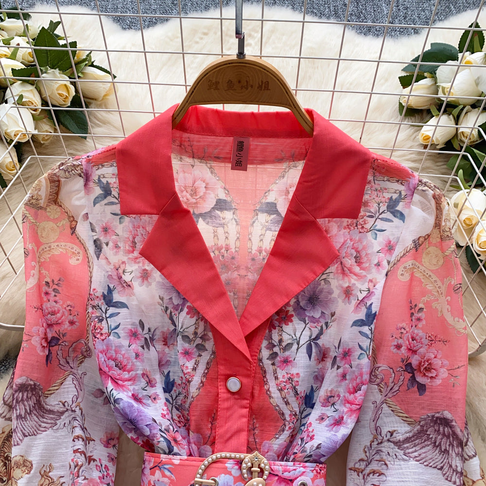 French spring dress women's  new retro suit collar long sleeve waist single breasted printing a line skirt