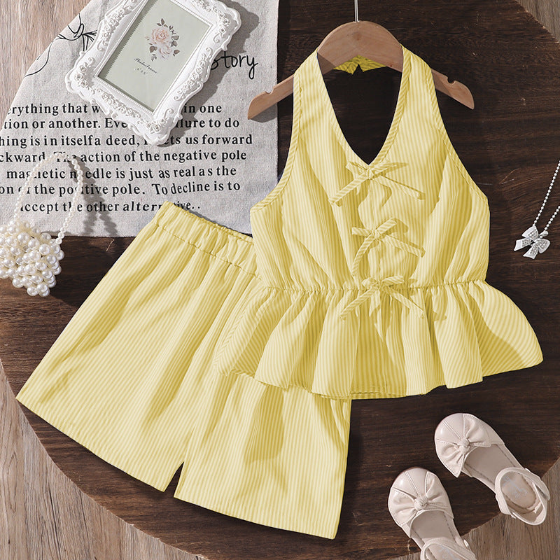 girls' big kids' outfit:  summer new european and american casual striped fashion halter top and pants two-piece set