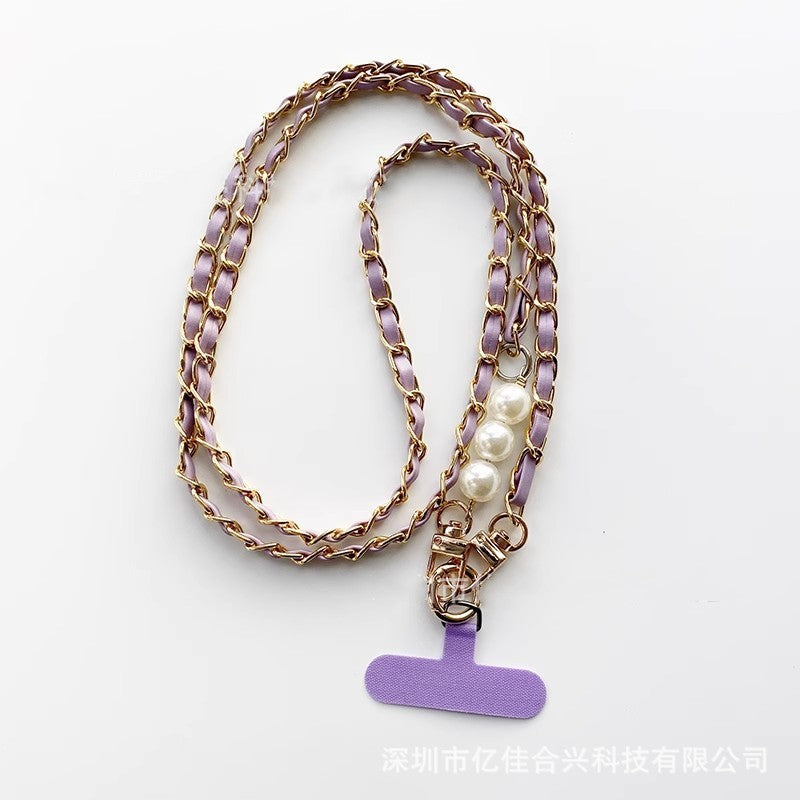 Mobile phone lanyard small fragrant pearl pickup chain long crossbody mobile phone hanging chain metal leather pendant bag chain