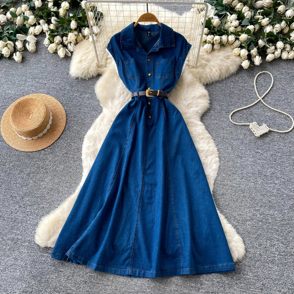 Frenchwork clothing style sleeveless denim dress women's summer lazy waist a-line skirt slimming lookelegant mid-length skirt