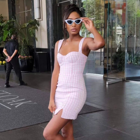 European and American women's clothing high-end sense thousand bird grid waist thin dress women's African split fork foreign style suspender short skirt Zixia