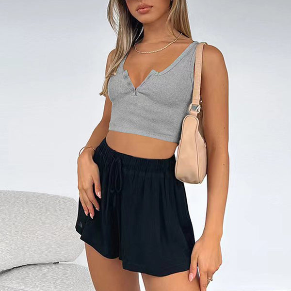 European and American ins summer new women's clothing short open-button slim-fitting sleeveless top cotton ribbed casual U-neck button vest