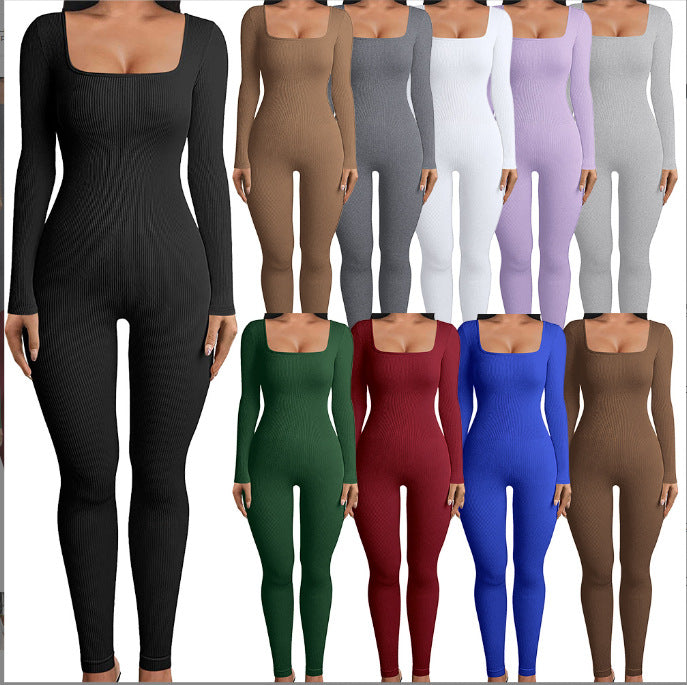 2024  women's clothing solid color long-sleeved vest onesie threaded square neck backless hip-lifting slim-fitting sports jumpsuit