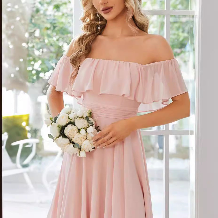 new cross-border summer fashion: european and american style  one-shoulder chiffon ruffle hem asymmetrical solid color dress