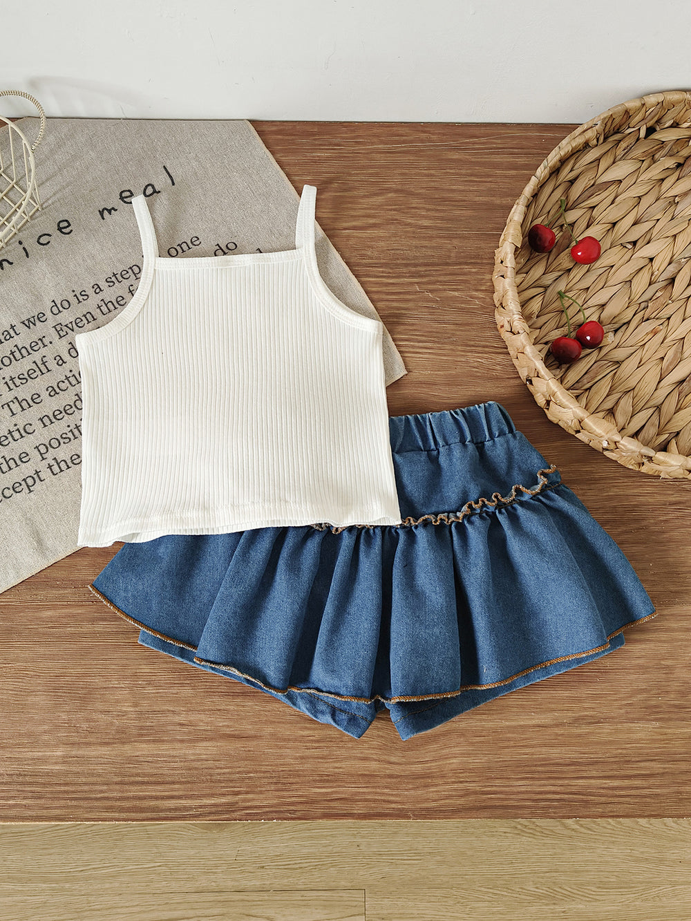 new summer cross-border ruffle trim crew neck top & heavy-duty denim beaded skort set (two-piece)
