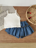 new summer cross-border ruffle trim crew neck top & heavy-duty denim beaded skort set (two-piece)