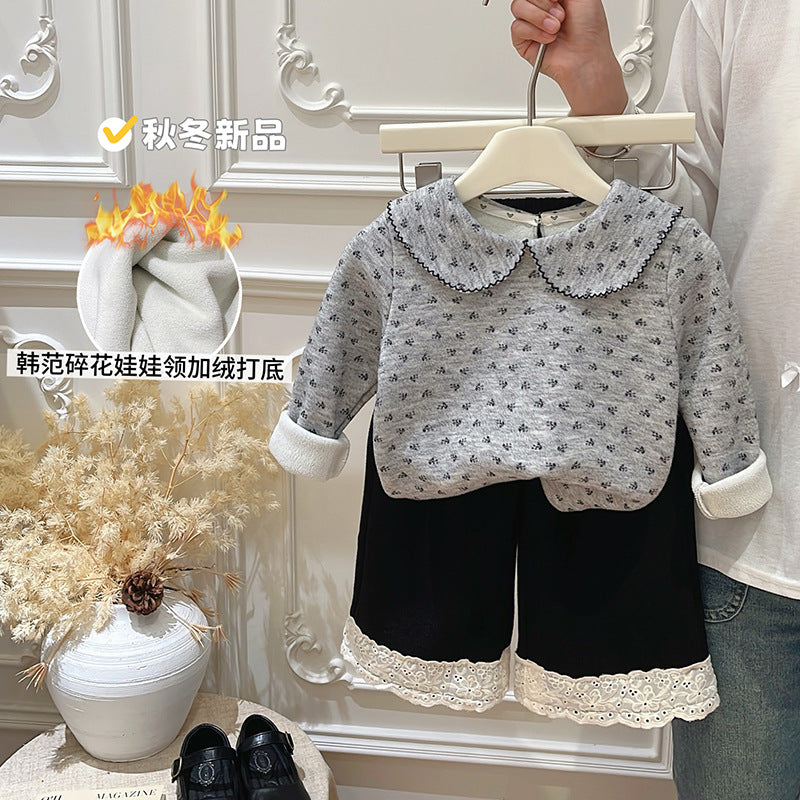 Girls' fall/winter new collection: fleece-lined floral print base layer top, perfect for early autumn outerwear. trendy autumn tops for girls, kids' clothing