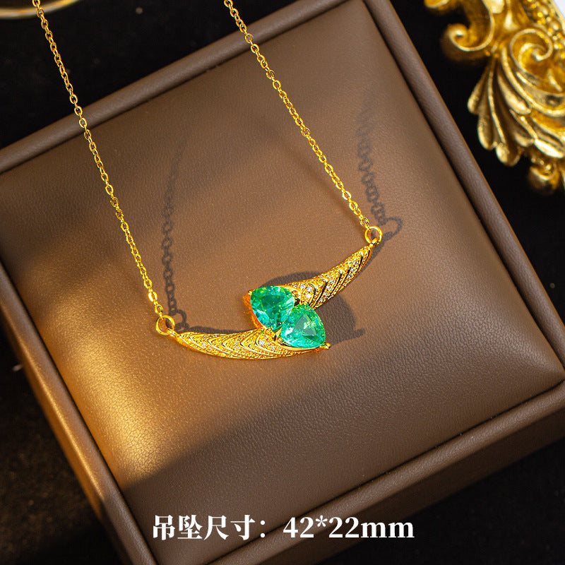 【set】european and american retro heavily engraved diamond-studded titanium steel emerald necklace, exquisite high-end light luxury earrings and ring set for women