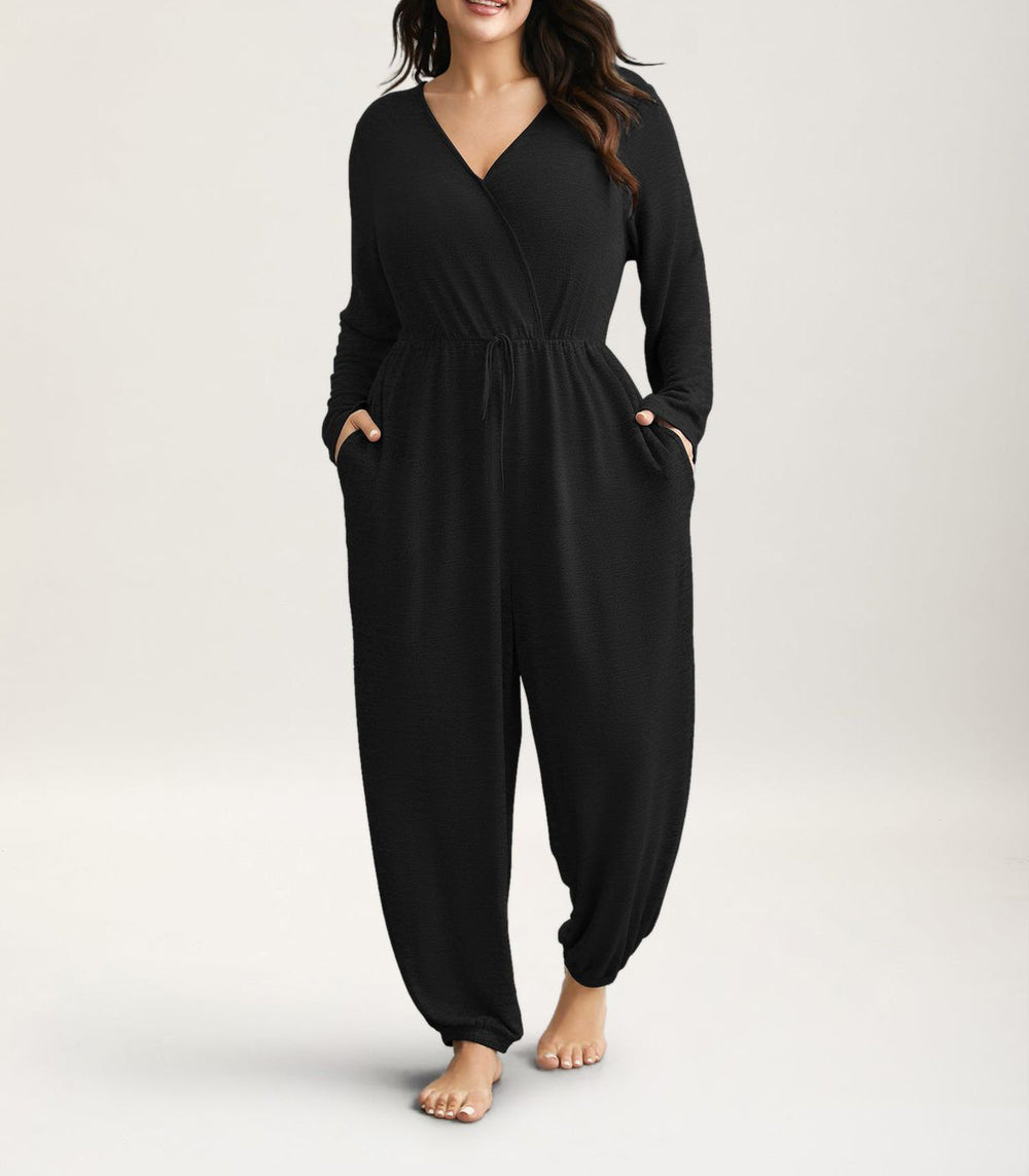 Amazon  cross-border plus size curvy women's clothing - women's long pants - women's deep v-neck tie-waist jumpsuit