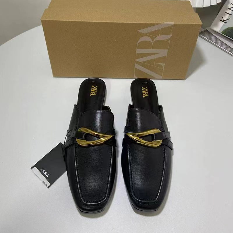 2024 spring new tr women's shoes white metal decoration detail slingback boat shoes round toe half slippers flats shoes