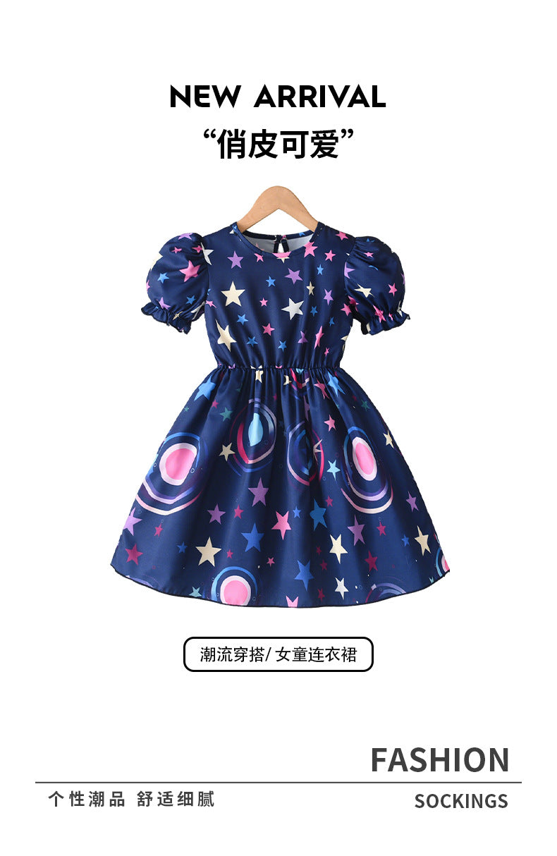 summergirldress navy blue star printing puff sleeves fungus edge waist a-line kids princess dress