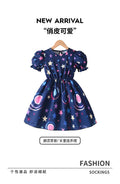 summergirldress navy blue star printing puff sleeves fungus edge waist a-line kids princess dress