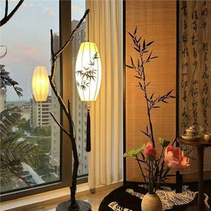 Retro style new chinoiserie floor lamp zen tea room living room atmosphere lamp chinese style branch fabric lantern fishing lamp