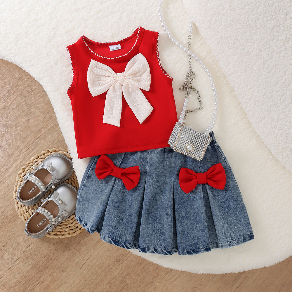 Kids clothing cross-border exclusive for european and american girls new arrival kids red vest + blue skirt baby