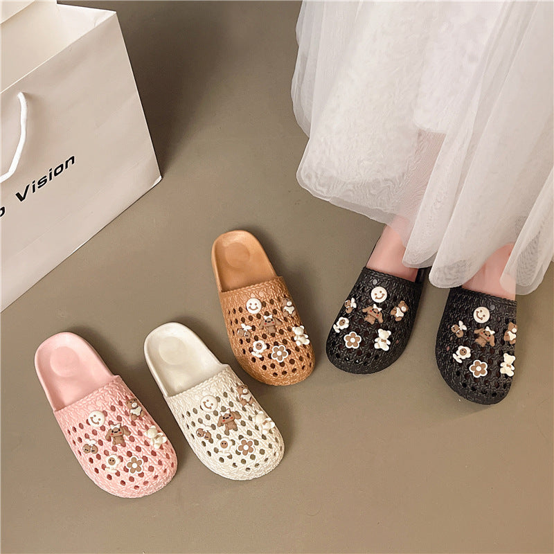 Cut out half-pack slippers for women 2026new arrivaloutwearfashion crocs soft bottom half-pack cartoon bear sandals and slippers for women