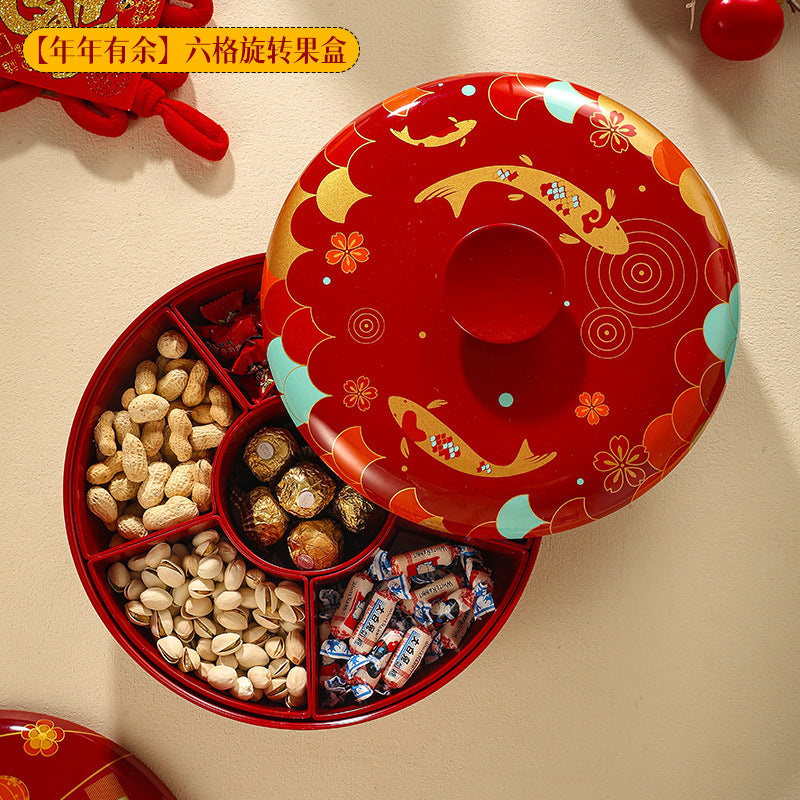 Chinese-style red rotating dried fruit box, household high-end housewarming, Chinese New Year grid fruit plate, living room snacks, melon seeds display plate