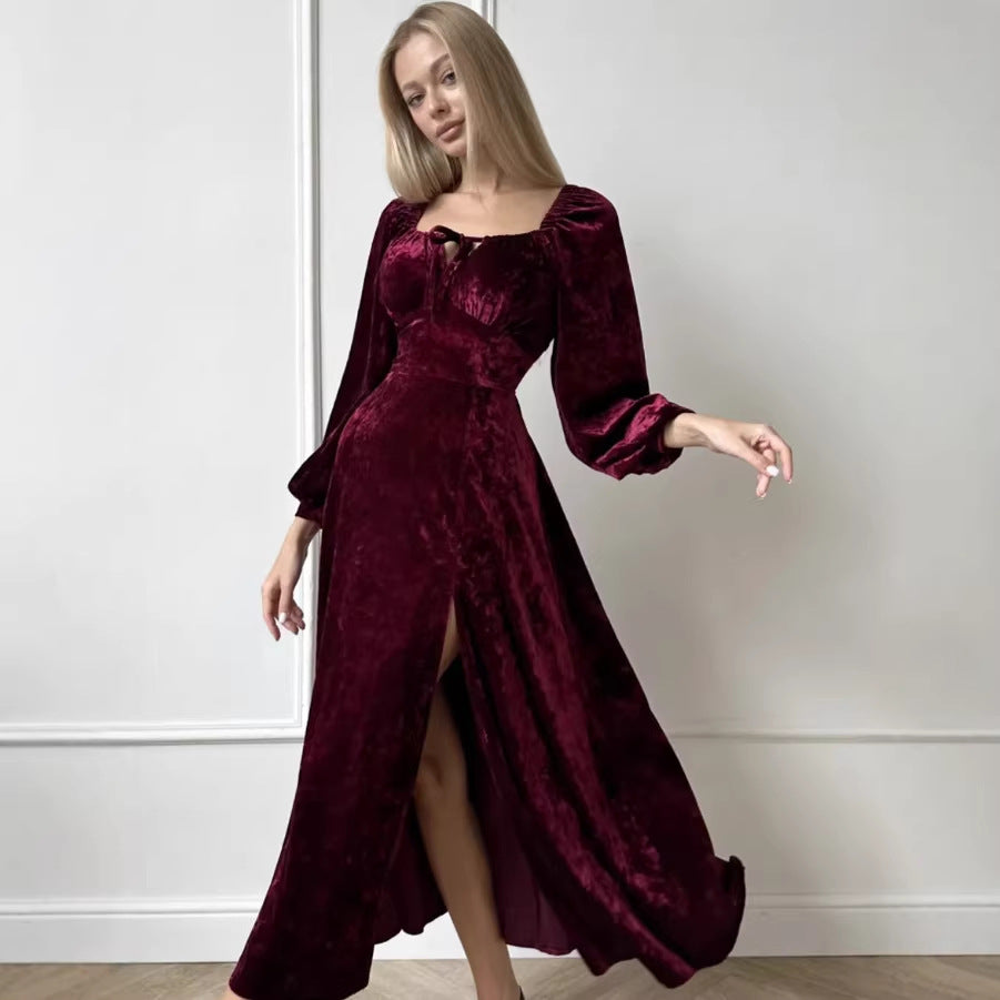 Velvet dress women's spring and autumn clothing  new french retro waist slimmingelegant hepburn style little black dress