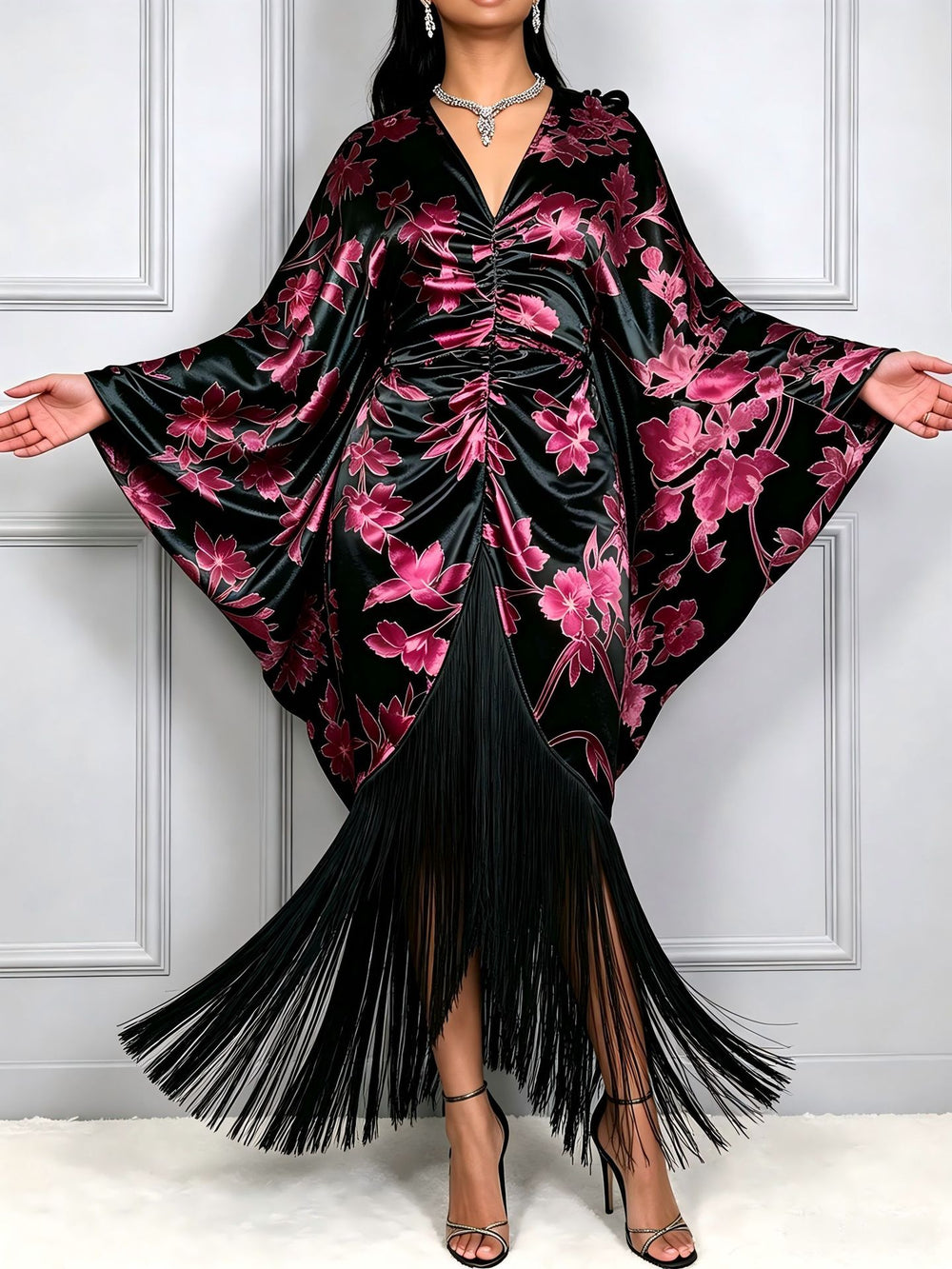 African new print batwing sleeve v-neck dress - printed drawstring waist tassel maxi dress bubudress