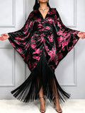 African new print batwing sleeve v-neck dress - printed drawstring waist tassel maxi dress bubudress