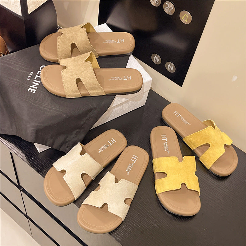 Birkenstock women's summer outdoor slippers - new, high-end, french-style soft flat beach sandals, fashionable one-strap slides