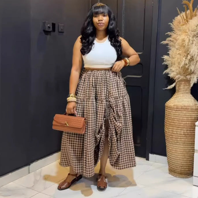 European and american cross-border women's fashion  summer new high-waisted drawstring tie-up plaid asymmetrical a-line skirt