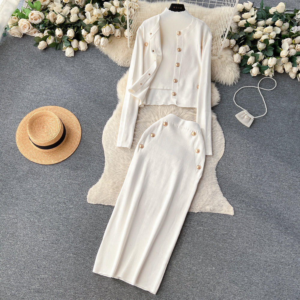 Fall and winter socialite tweed style wear women's knitting shirt three-piece sleeveless vest cardiganoutwear hip-covering skirt