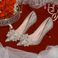 Flats french champagne color wedding shoes fall and winter women's bridal shoes 2025 new arrival hexiu wedding dress two-wear engagement high heels