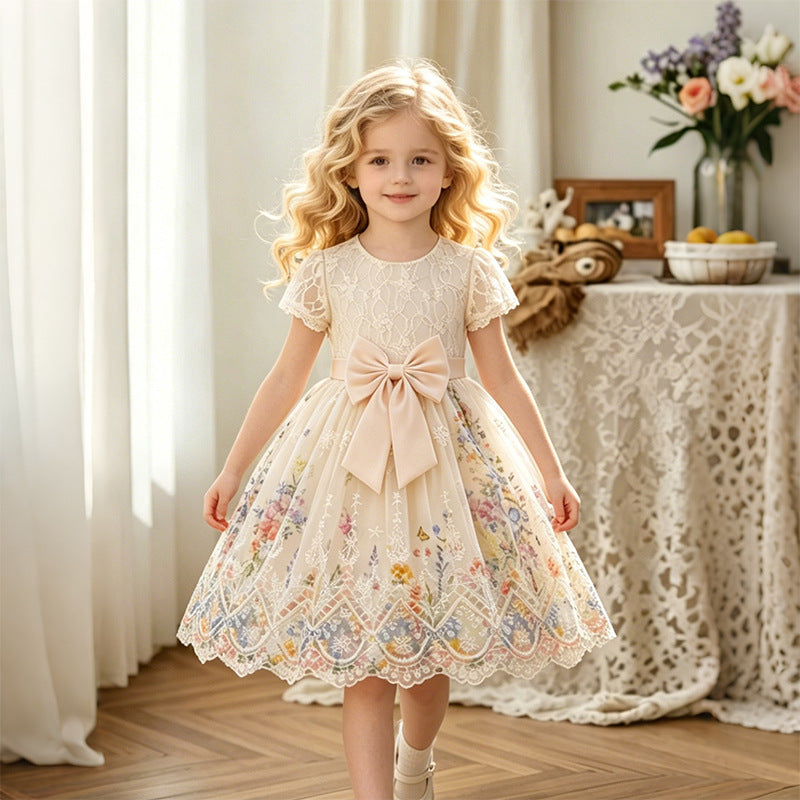Girls' dress - vacation style, in stock,  new arrival: chic, sweet, french-inspired floral print lace patchwork princess dress