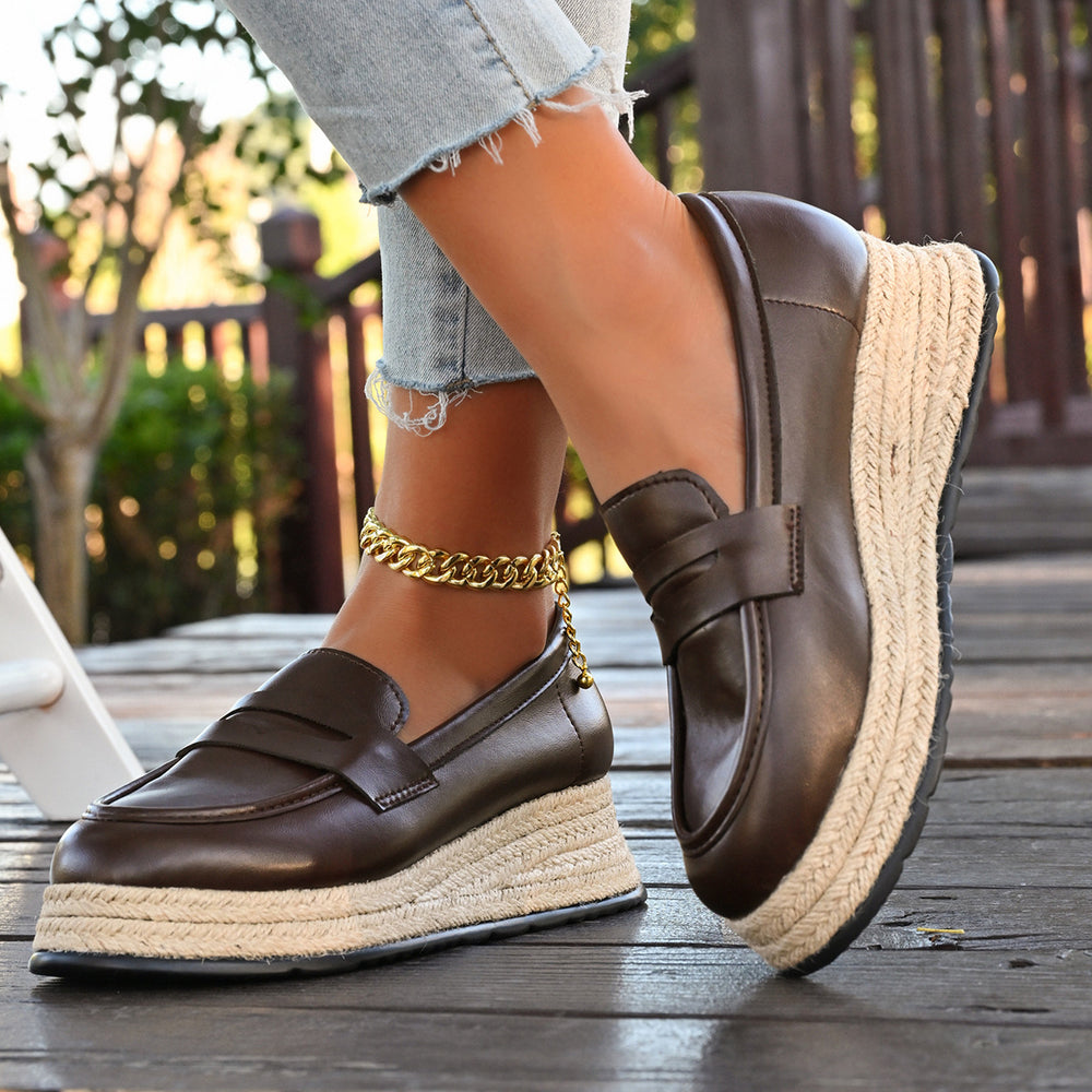 autumn new round-toe slip-on straw woven platform loafers - simple, versatile, chunky heel leather shoes