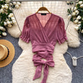 French work clothing style v neck strap elegantshirt women's summer short-sleeved waist design nichetops