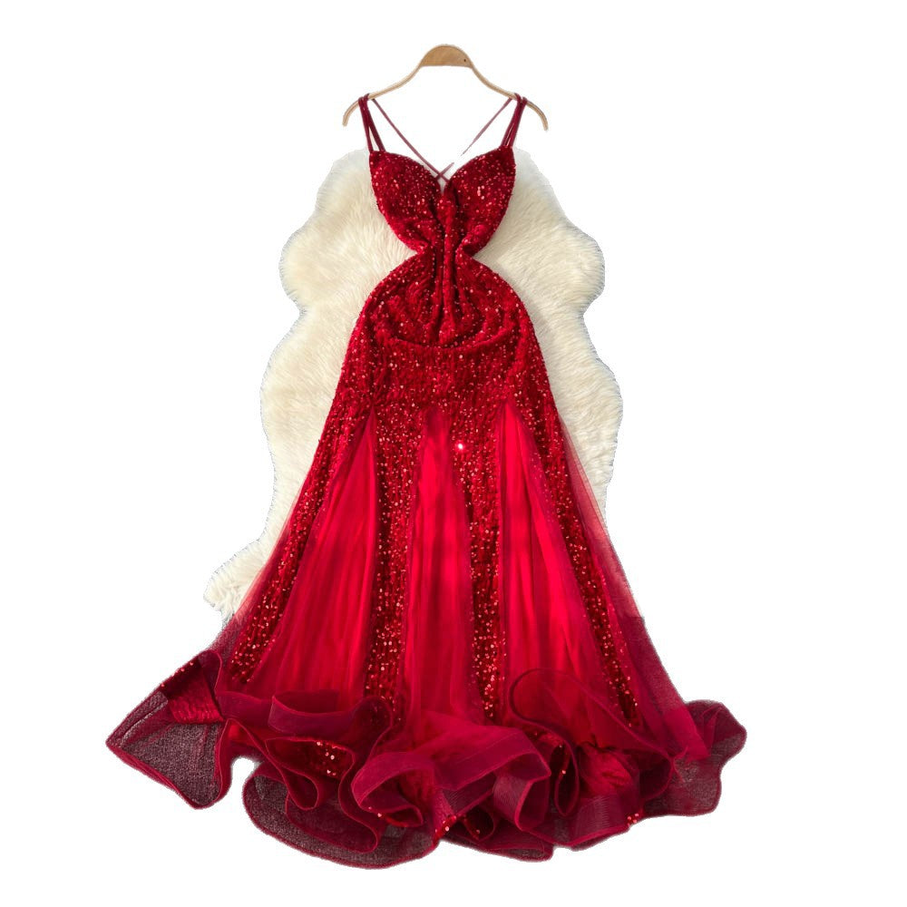 High-end women's dress: luxurious, slim-fit, elegant, mesh & sequin velvet splice cami dress - trendy & chic