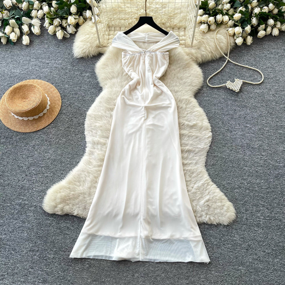 French halter lace white dress women's summer sleeveless waist slimming look a-line long skirt accessible luxuryelegance style