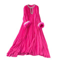European and american cross-border  autumn new arrival: elegant solid color dress - round neck, rhinestone embellished, loose fit, faux fur trim, pleated maxi dress