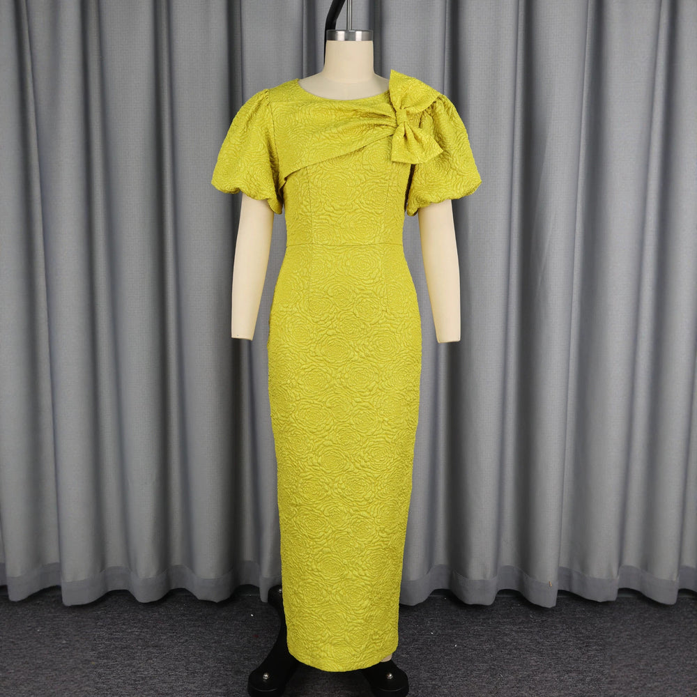 women's elegant bubble sleeve jacquard dress - bow detail, ruched waist, bodycon, evening gown