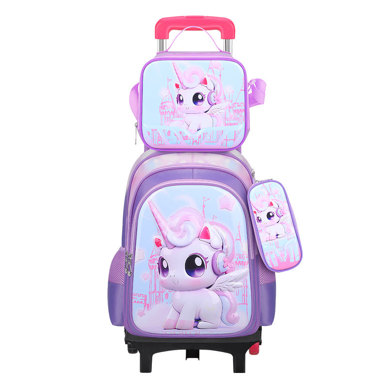 New 3d leather elementary school nylon fabric three-piece set kids' trolley backpack foreign trade lunch bag factory in stock